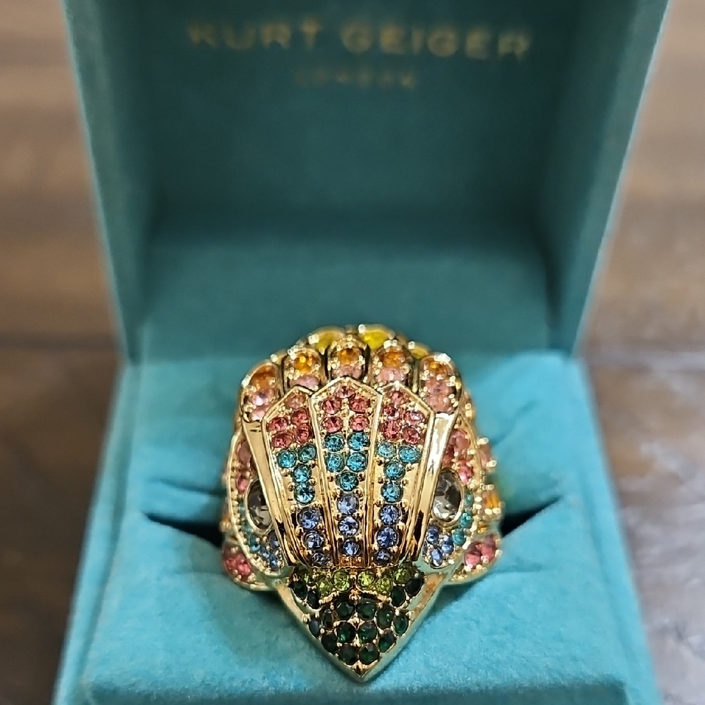 NWOT Size 9 Kurt Geiger Gold-Tone Multicolor Crystal Peacock Ring